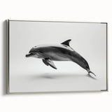 Framed wall art canvas featuring a sleek silver dolphin design, showcasing intricate marine life details and a modern aesthetic, perfect for coastal decor.