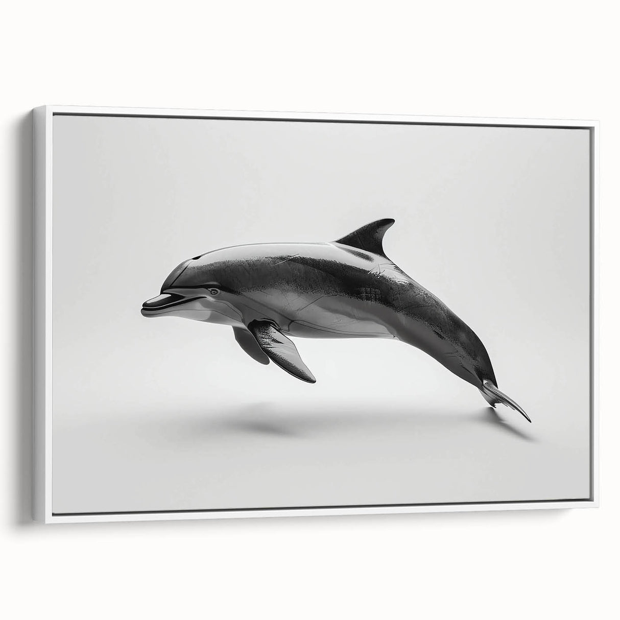Framed canvas wall art showcasing a vibrant dolphin design in a marine life theme, featuring a white border and side view display, perfect for ocean lovers and home decor.