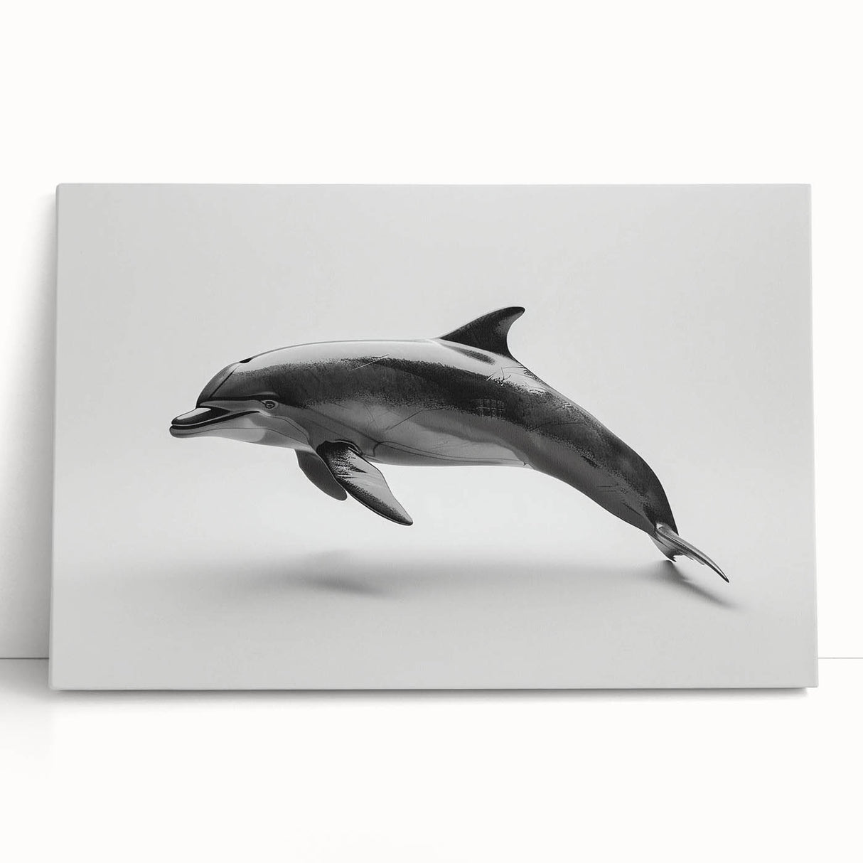 Stretched canvas wall art showcasing a vibrant dolphin design, perfect for marine life enthusiasts. Ideal for home decor, featuring rich blues and dynamic aquatic elements.