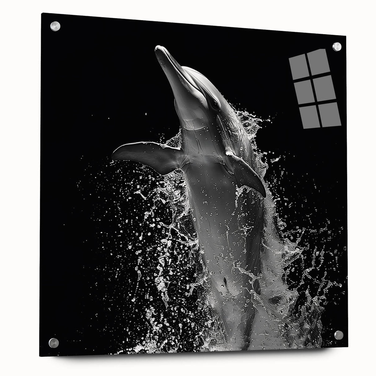 Dolphin-themed wall art in a vibrant marine life design, displayed in a sleek acrylic frame with pin mounting for a contemporary look. Ideal for ocean lovers.