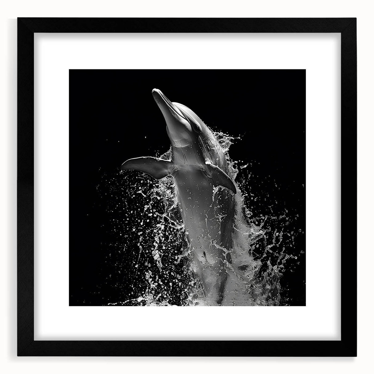 Framed black wall art depicting a vibrant dolphin design, showcasing marine life themes, perfect for ocean enthusiasts and home decor.