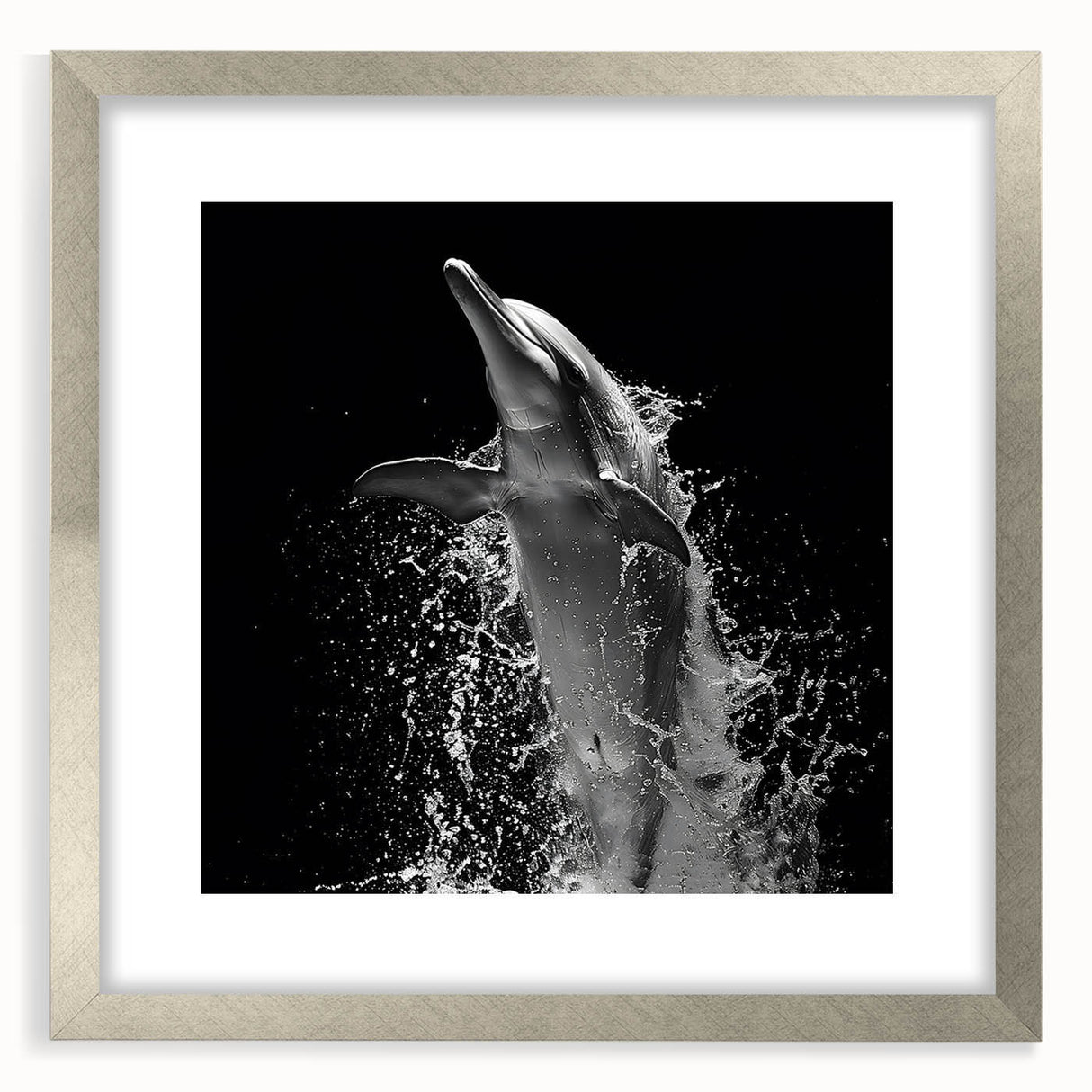Framed wall art showcasing a sleek dolphin design in silver, surrounded by a white mat, perfect for marine-themed decor. Ideal for ocean lovers and home decoration.
