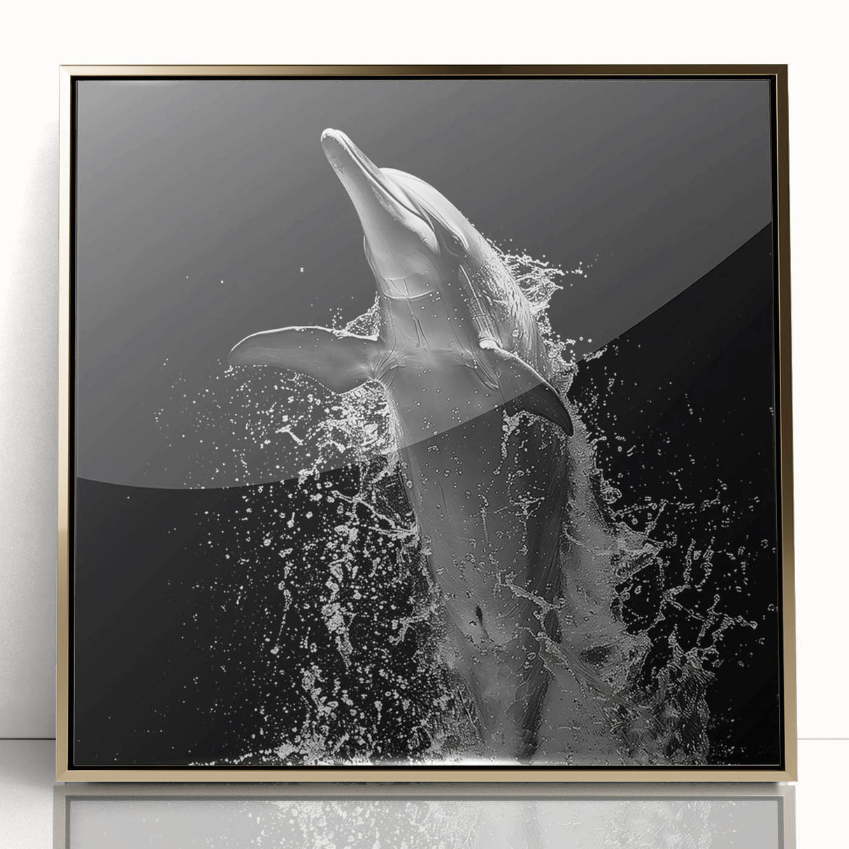Framed wall art collection showcasing a vibrant dolphin design in rich colors, featuring a sleek acrylic front with a gold frame, perfect for marine life enthusiasts.