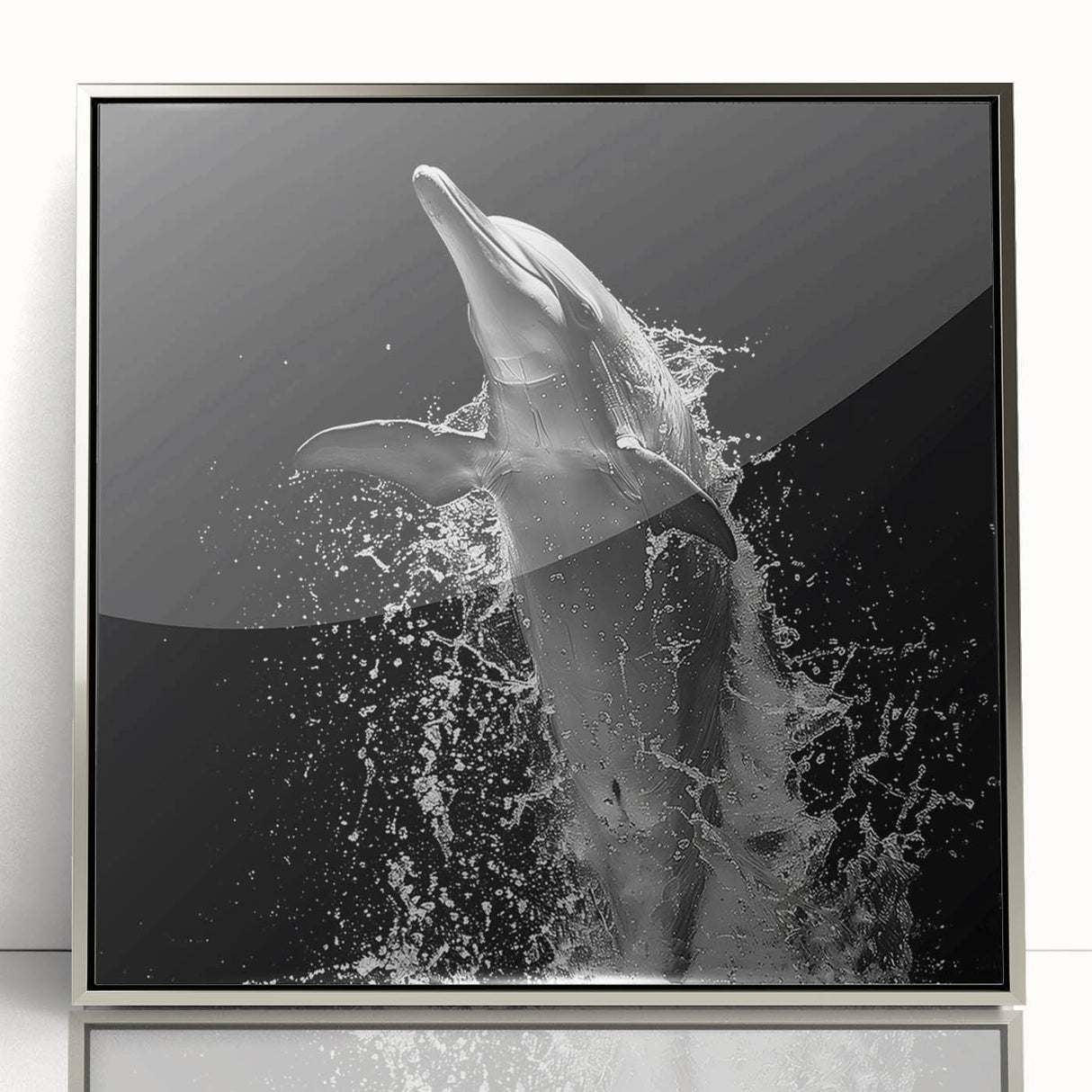 Framed wall art showcasing a striking dolphin design in vibrant colors, set in an elegant silver frame. Perfect for marine life enthusiasts and home decor.