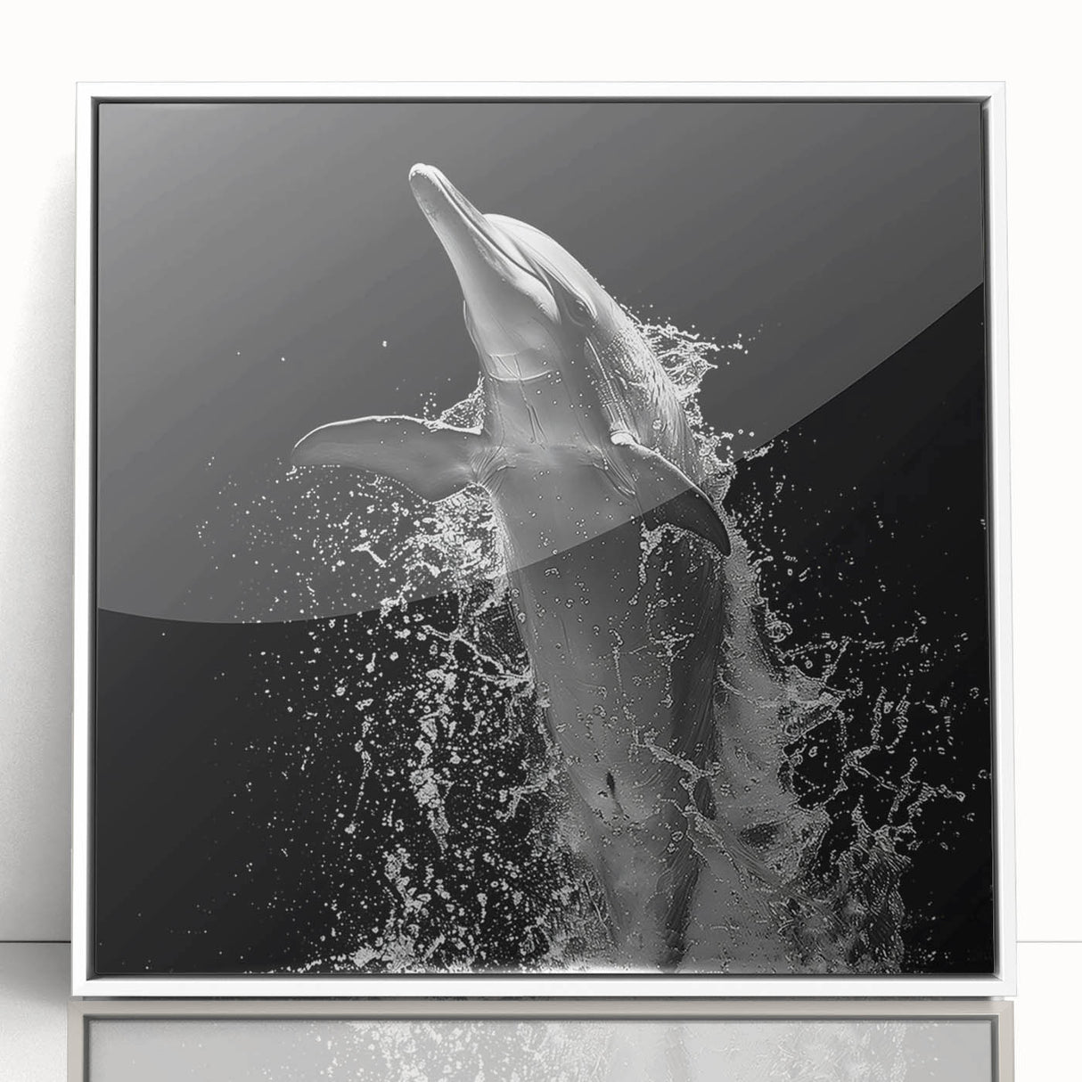 Framed wall art featuring a dolphin design in vibrant marine colors, displayed in a stylish white frame, perfect for ocean-themed decor and nature enthusiasts.