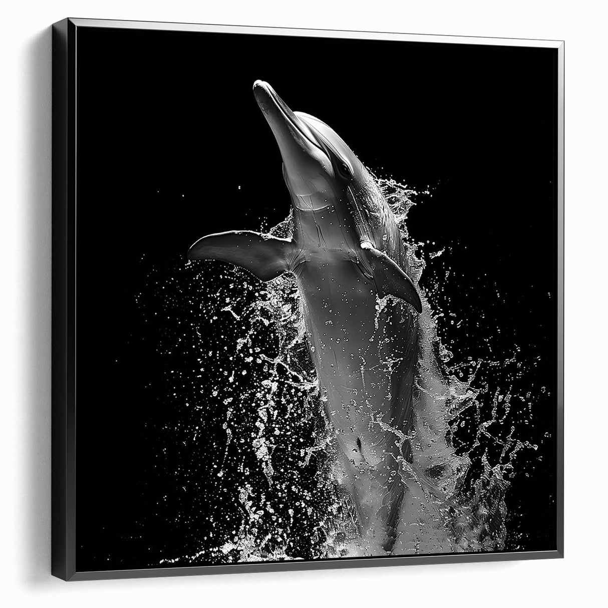 Framed canvas wall art featuring a vibrant dolphin design in shades of blue and green, showcased from a black side view, ideal for marine life enthusiasts.