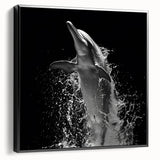 Framed canvas wall art featuring a vibrant dolphin design in shades of blue and green, showcased from a black side view, ideal for marine life enthusiasts.