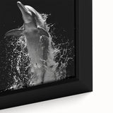Close-up of a framed canvas wall art featuring a vibrant dolphin design, showcasing intricate details and rich colors, perfect for marine life enthusiasts.