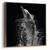Framed canvas wall art showcasing a vibrant dolphin design with gold accents, perfect for marine life enthusiasts, adding elegance to any space.