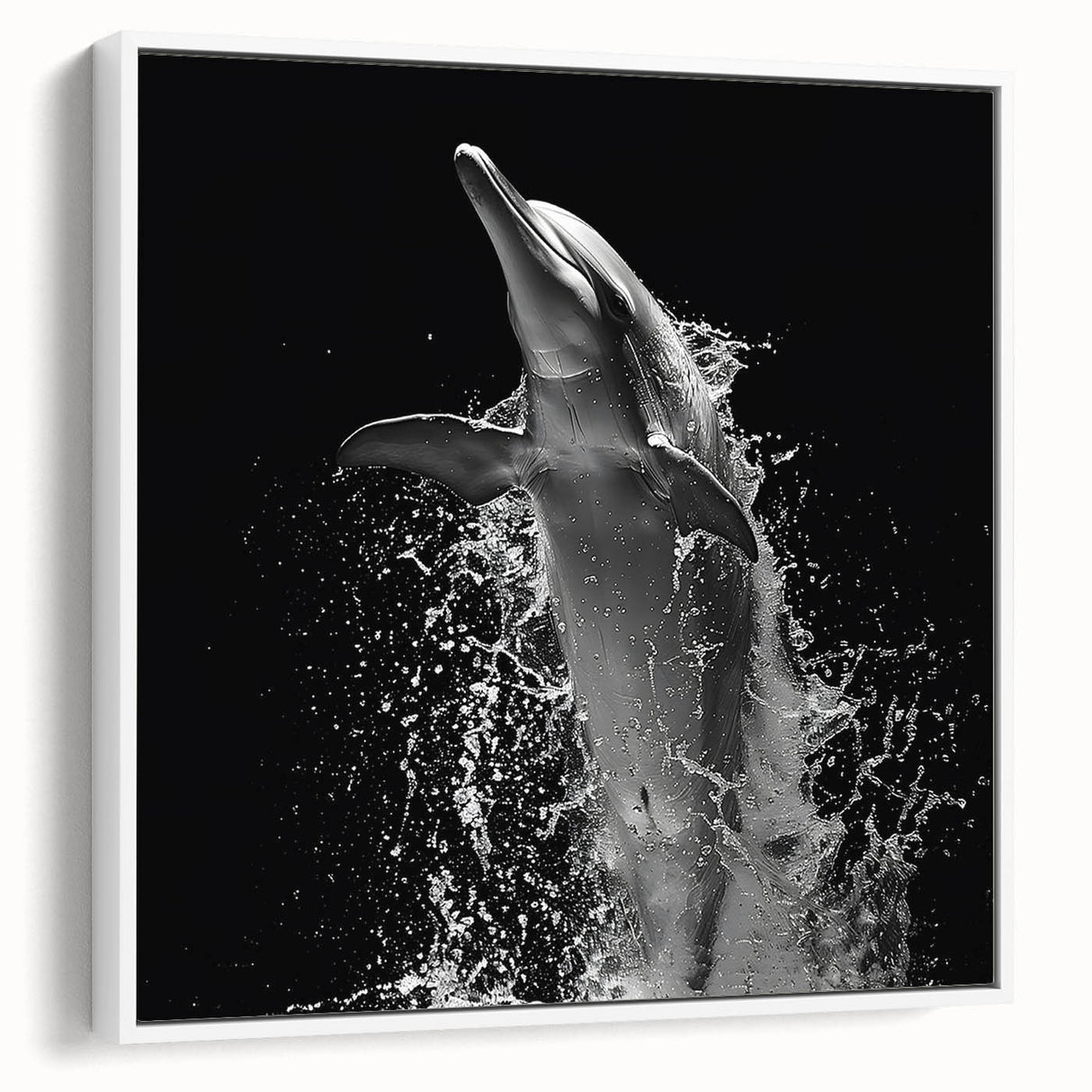 Framed canvas wall art showcasing a vibrant dolphin design in marine life theme, featuring a white background and side view perspective, perfect for ocean enthusiasts.