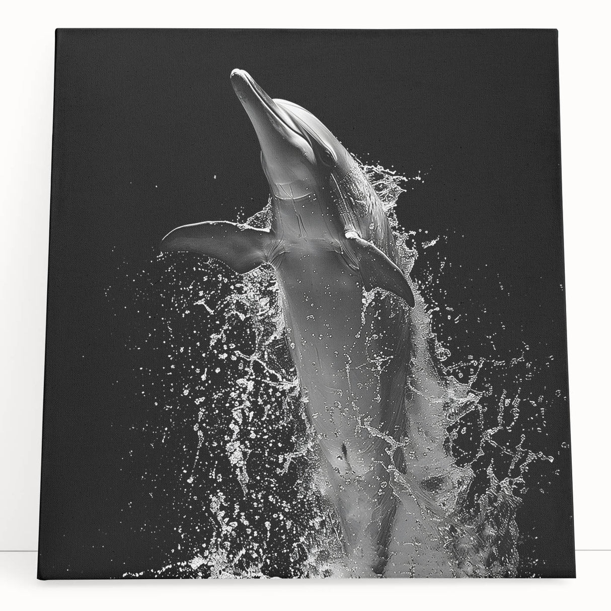 Stretched canvas wall art featuring a vibrant dolphin design, showcasing detailed marine life in shades of blue and green, perfect for ocean-themed decor.