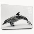 Acrylic glass wall art piece showcasing a vibrant dolphin design, set against a marine life theme. The artwork is displayed in a side view with decorative pins.