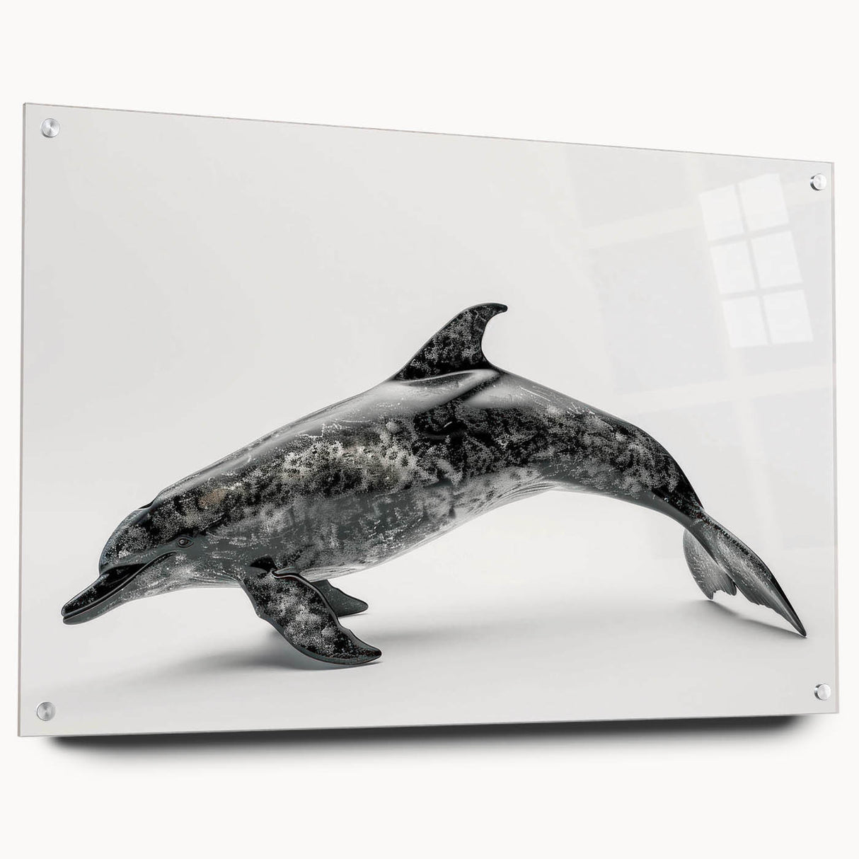 Acrylic glass wall art piece showcasing a vibrant dolphin design, set against a marine life theme. The artwork is displayed in a side view with decorative pins.