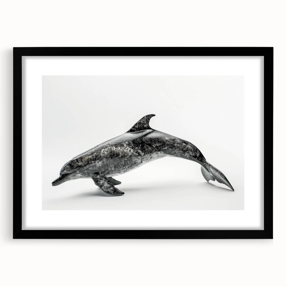 Framed wall art featuring a dolphin design, showcasing intricate marine life details with a black frame and matting, ideal for ocean-themed decor.