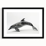 Framed wall art featuring a dolphin design, showcasing intricate marine life details with a black frame and matting, ideal for ocean-themed decor.