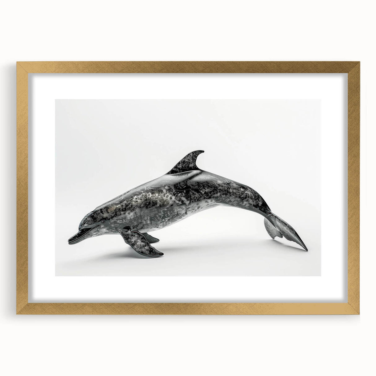 Framed wall art featuring a vibrant dolphin design in gold, showcasing marine life aesthetics, perfect for ocean-themed decor in living spaces or offices.