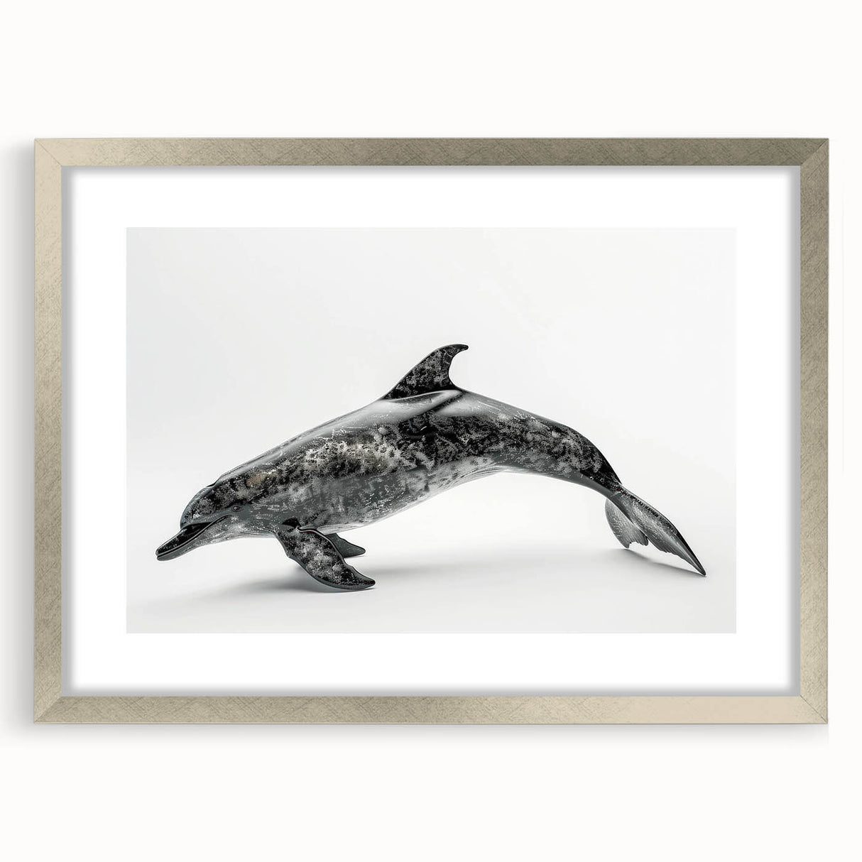Framed wall art featuring a beautiful dolphin design set against a calming ocean backdrop, with a silver frame and matting that enhances its elegance. Perfect for marine life enthusiasts and coastal decor lovers.