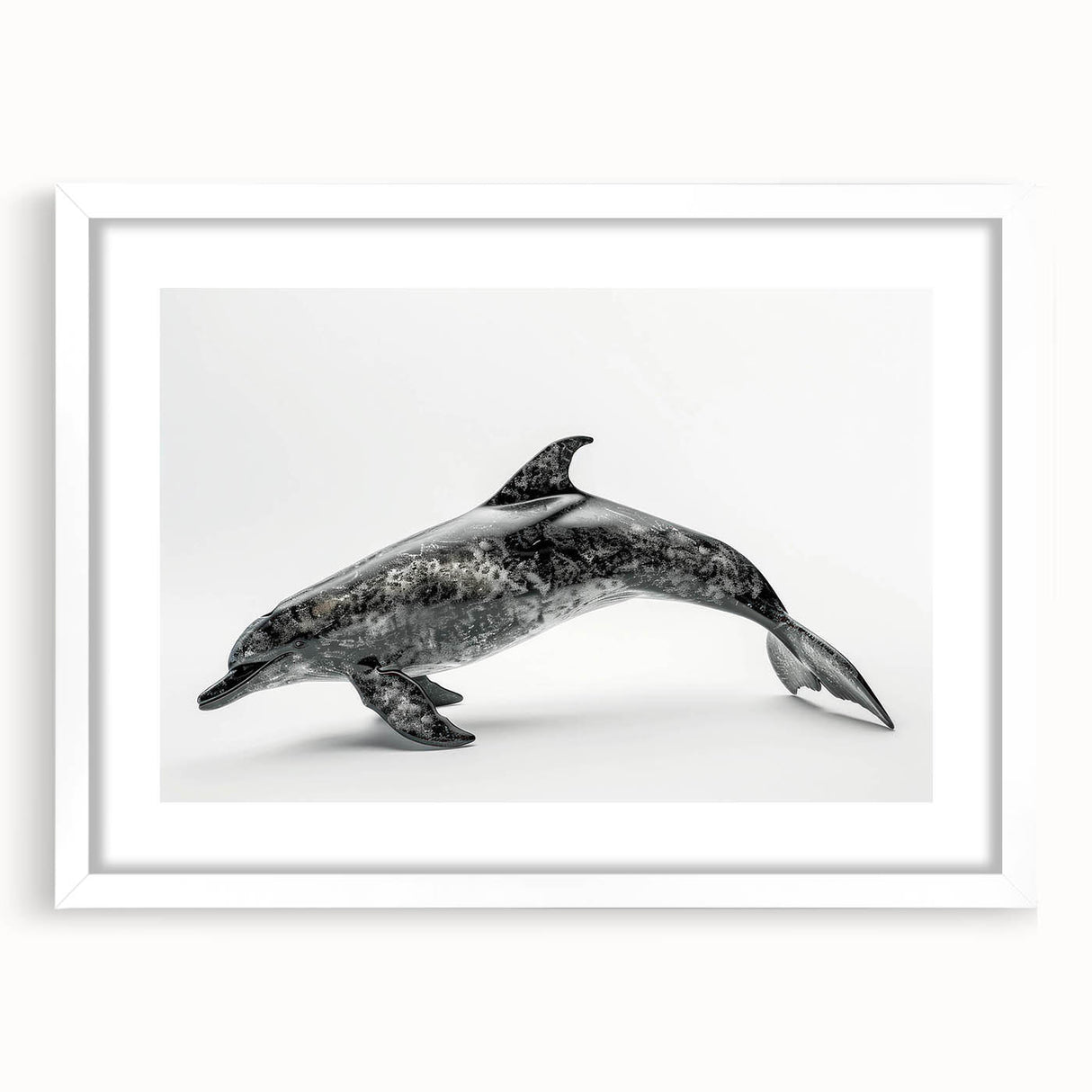 Framed marine life wall art featuring a dolphin design in vibrant colors, set in a white mat and frame, perfect for ocean-themed decor. Ideal for aquatic enthusiasts and home decoration.