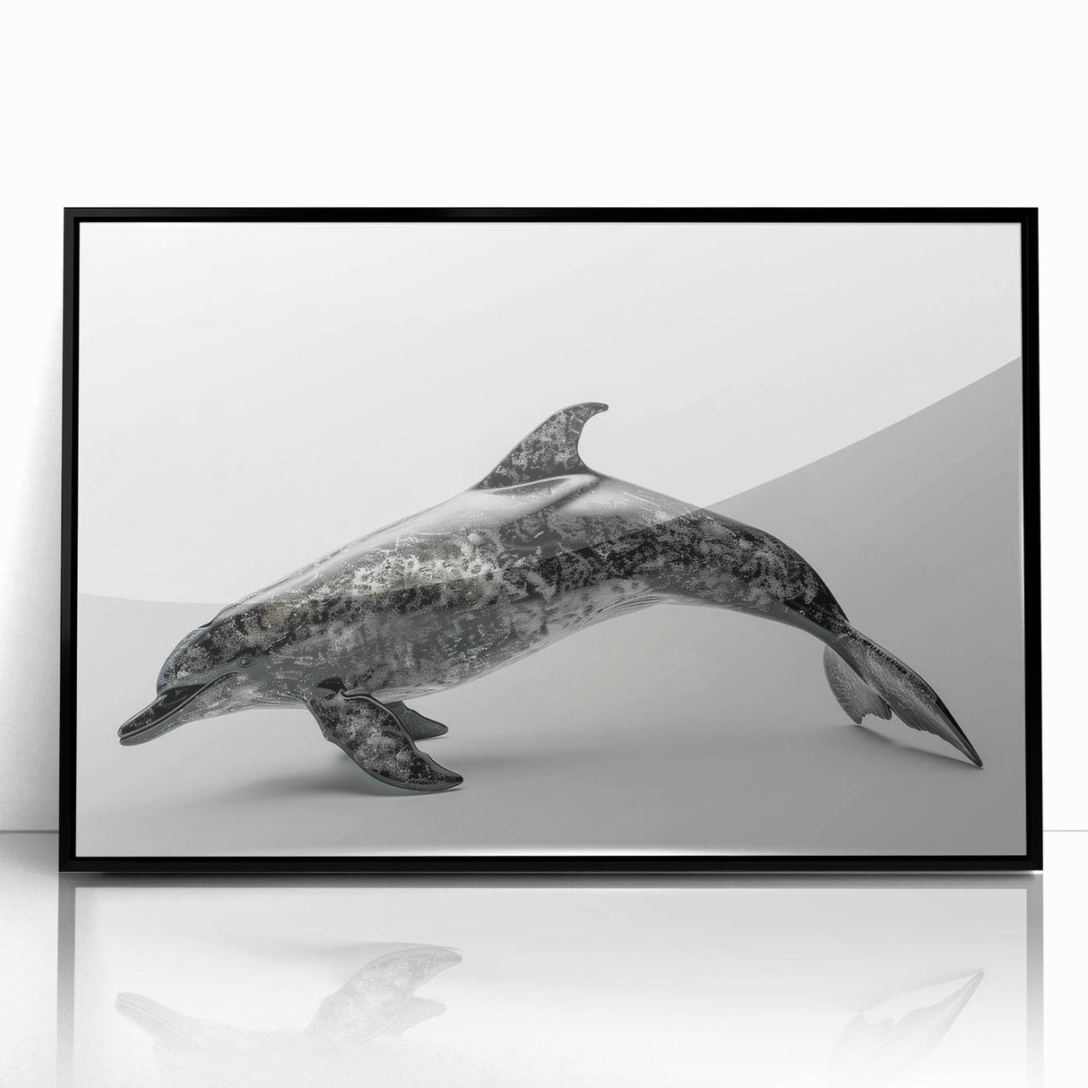 Framed wall art showcasing a vibrant dolphin design, featuring a black frame and acrylic finish, perfect for marine life enthusiasts and coastal decor.