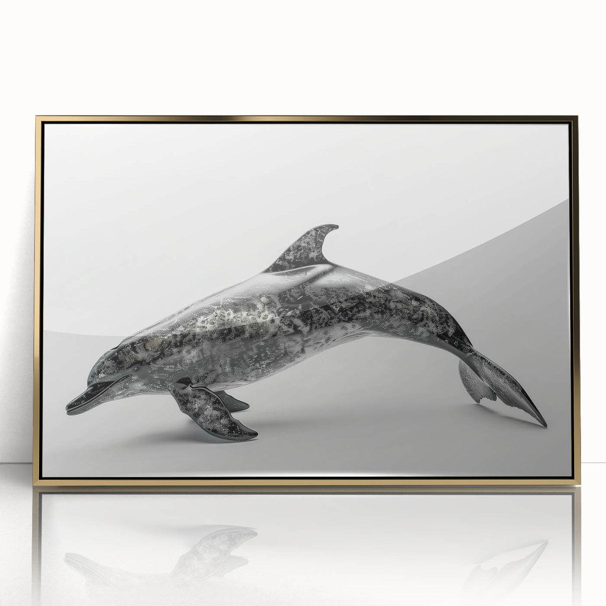 Framed wall art featuring a vibrant dolphin design in marine life theme, set in acrylic with a gold frame, perfect for ocean-inspired decor.