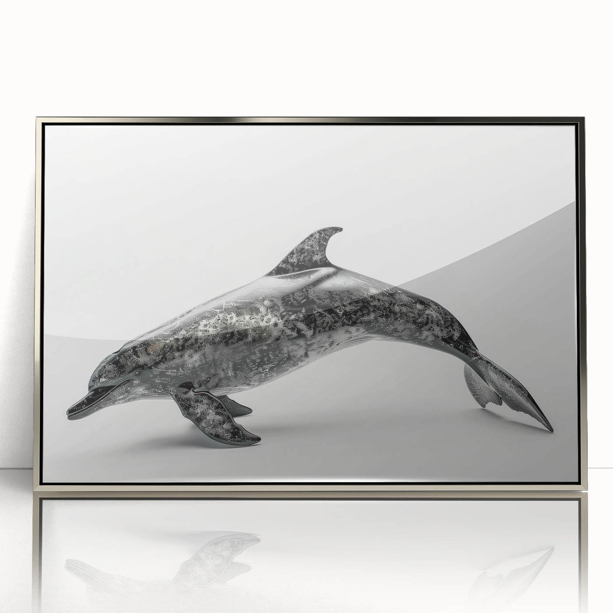 Framed wall art featuring a dolphin design in vibrant colors, set in a sleek silver frame, ideal for enhancing marine-themed décor in contemporary spaces.