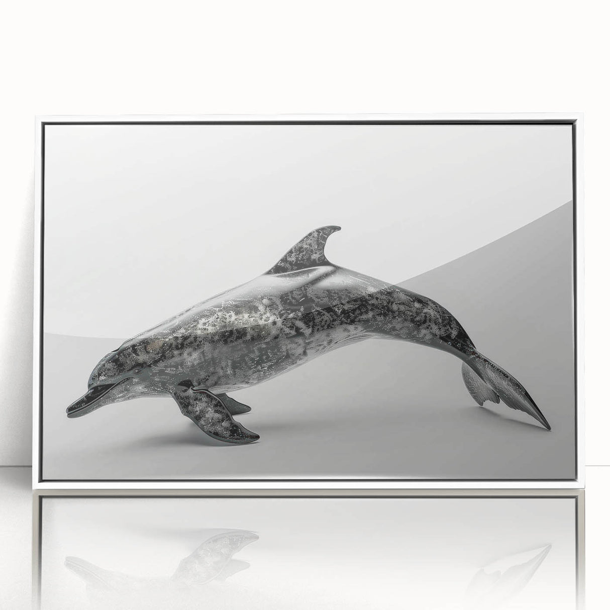 Framed wall art featuring a vibrant dolphin design in a marine life theme, showcased in a white frame with an acrylic front, ideal for ocean-inspired decor.