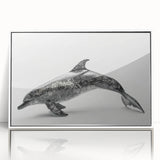 Framed wall art featuring a vibrant dolphin design in a marine life theme, showcased in a white frame with an acrylic front, ideal for ocean-inspired decor.
