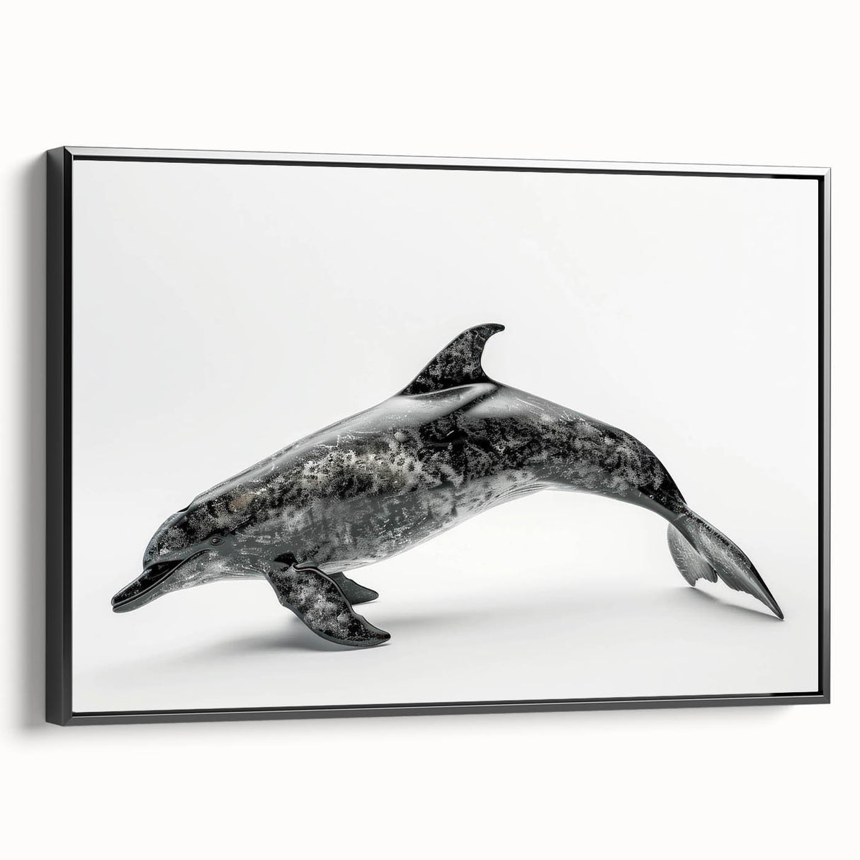 Framed canvas wall art showcasing a vibrant dolphin design in a marine life theme, featuring a sleek black frame and side view perspective, perfect for ocean lovers.