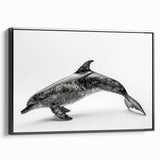 Framed canvas wall art showcasing a vibrant dolphin design in a marine life theme, featuring a sleek black frame and side view perspective, perfect for ocean lovers.