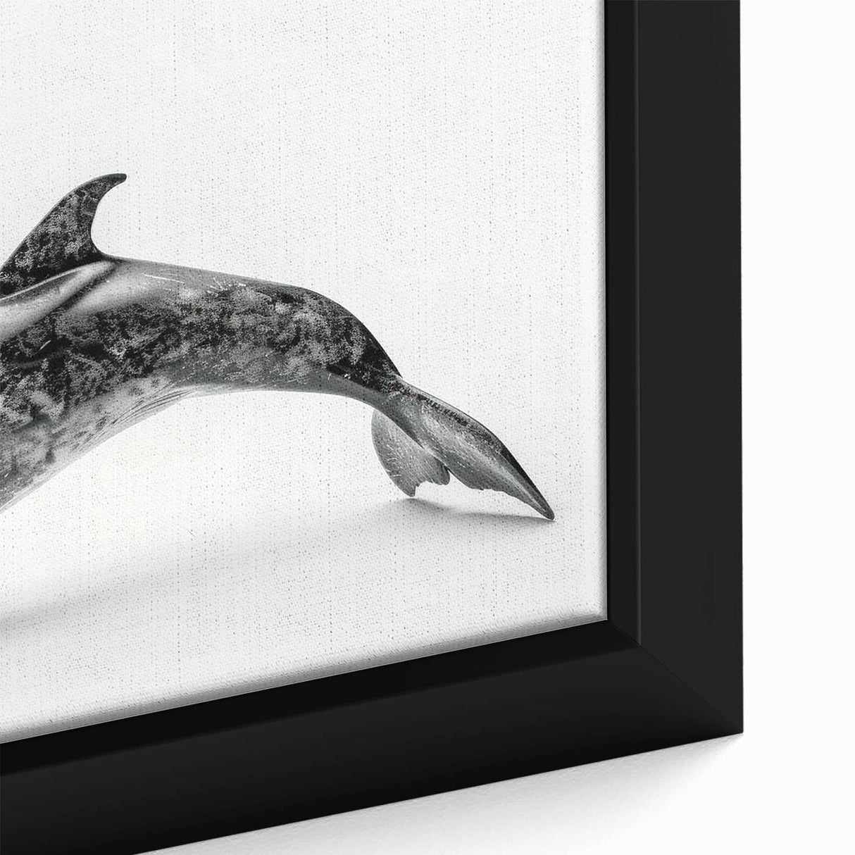 Close-up of a framed canvas wall art piece showcasing a vibrant dolphin design, with intricate marine life details and oceanic colors, perfect for coastal decor.