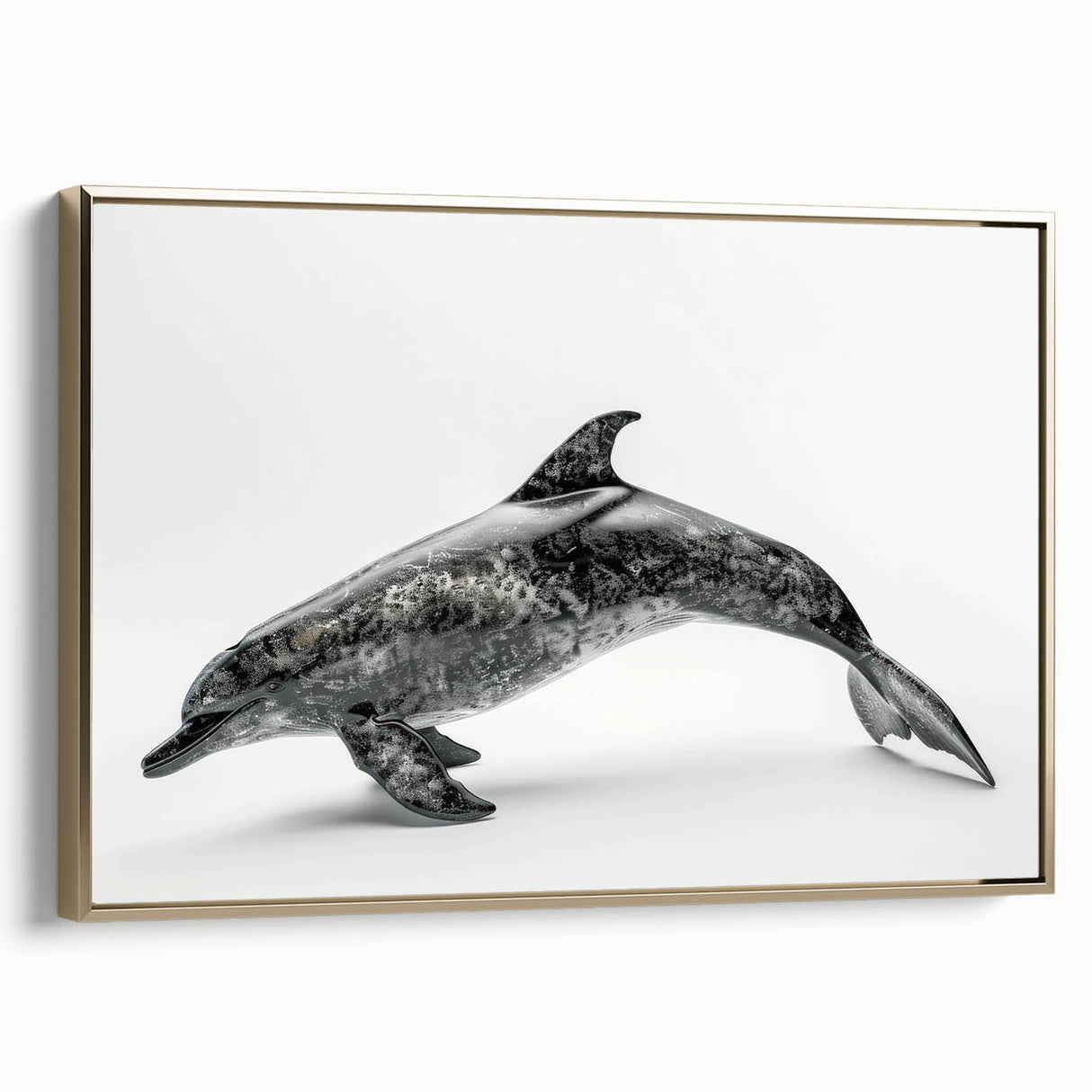 Framed wall art featuring a vibrant dolphin design in shades of blue and gold, depicting marine life with a sleek side view, perfect for ocean-themed decor.