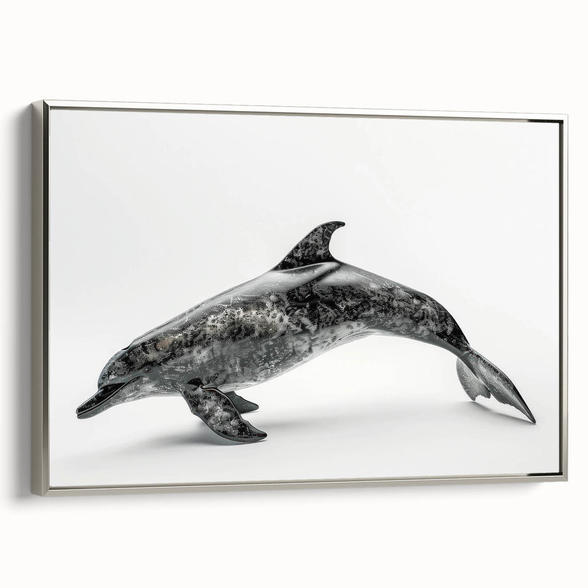 Framed canvas wall art showcasing a silver dolphin design, highlighting marine life themes with vibrant colors and elegant detailing, perfect for ocean enthusiasts.
