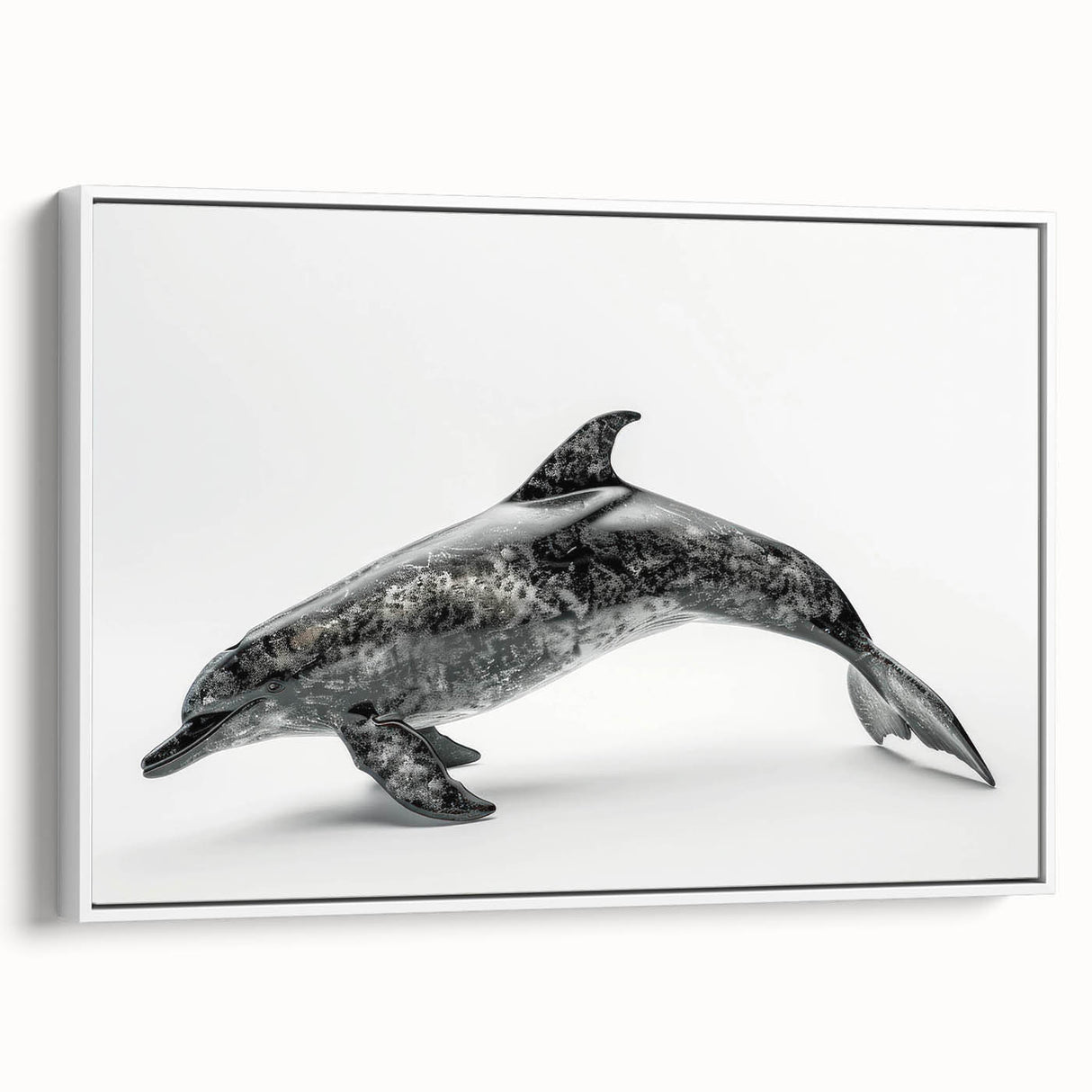Framed wall art featuring a vibrant dolphin design, showcasing marine life in detailed colors against a white background, perfect for ocean-themed decor.