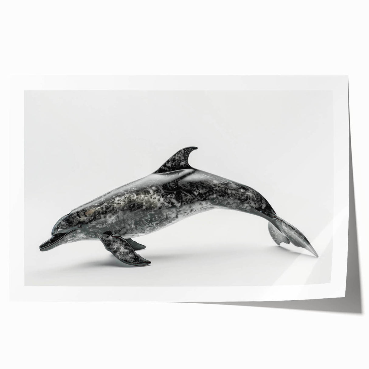Vibrant dolphin wall art print showcasing marine life in rich blue and green hues, perfect for ocean-themed decor, rolled and ready for framing.