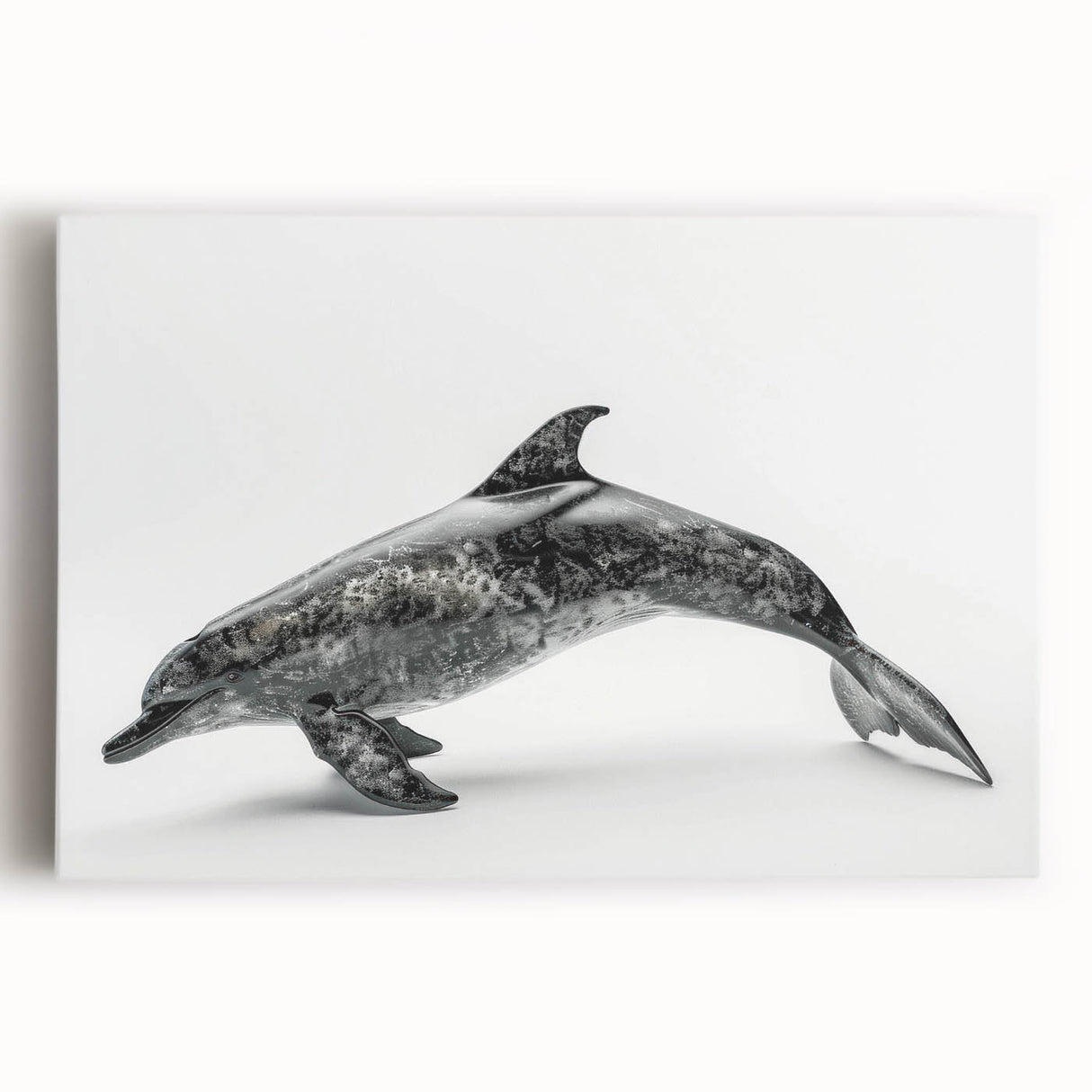 Vibrant stretched canvas wall art showcasing a detailed dolphin design in shades of blue and turquoise, perfect for marine life enthusiasts and ocean-themed decor.