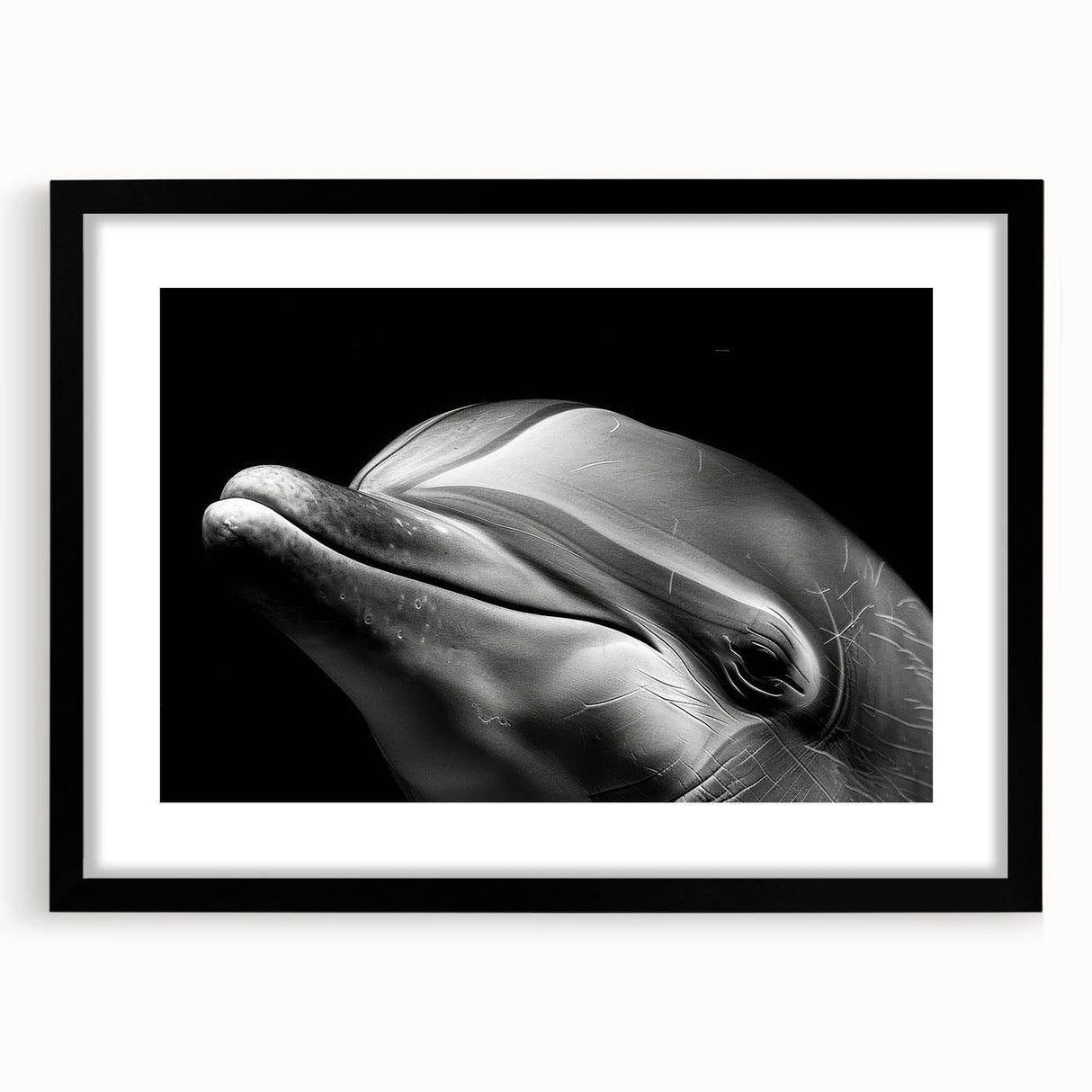 Framed wall art showcasing a captivating dolphin design in a black frame with a mat. This marine life piece adds a vibrant touch to any decor, perfect for ocean enthusiasts.
