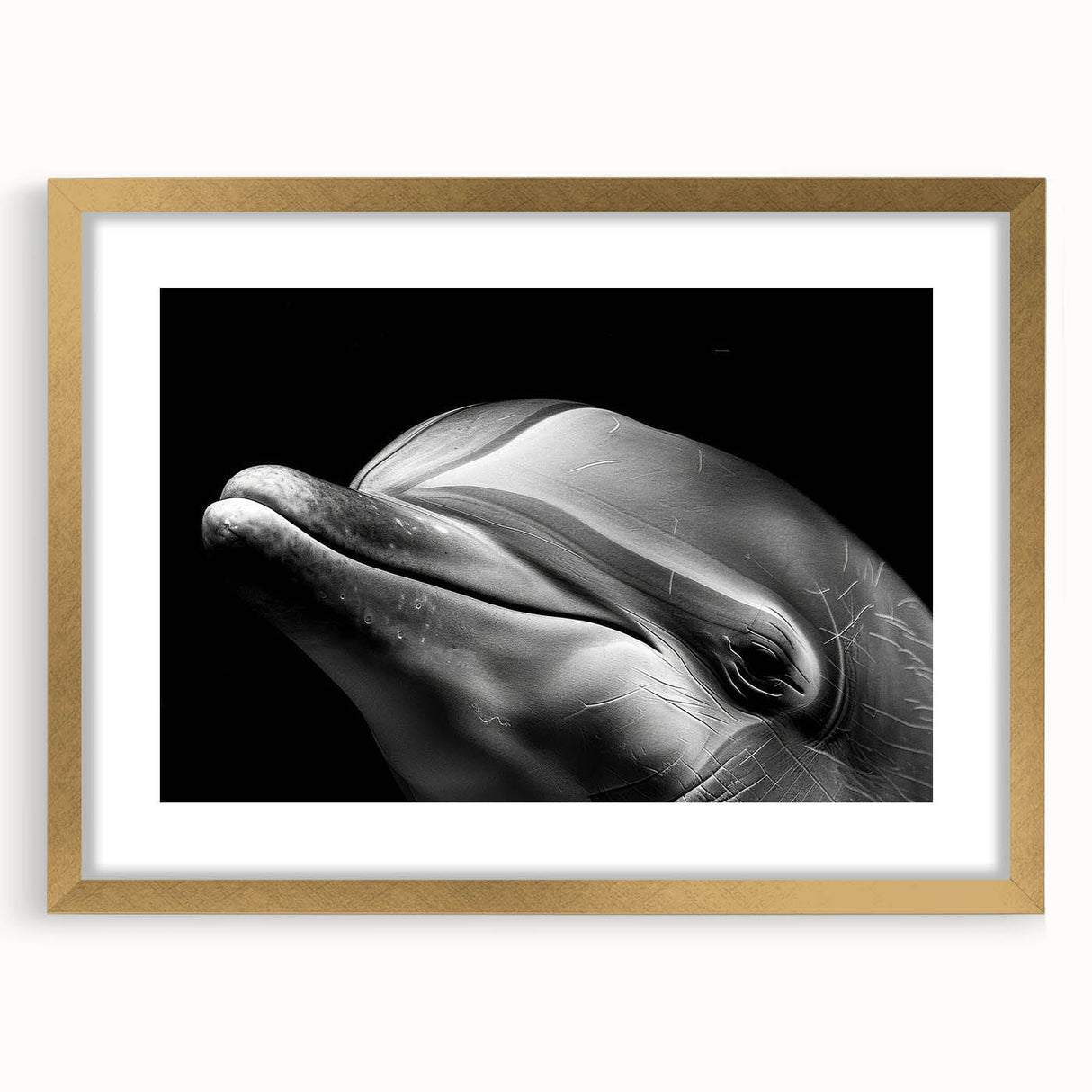 Framed wall art featuring a dolphin design, elegantly displayed with a gold frame and mat, showcasing vibrant marine life colors for decorative appeal.