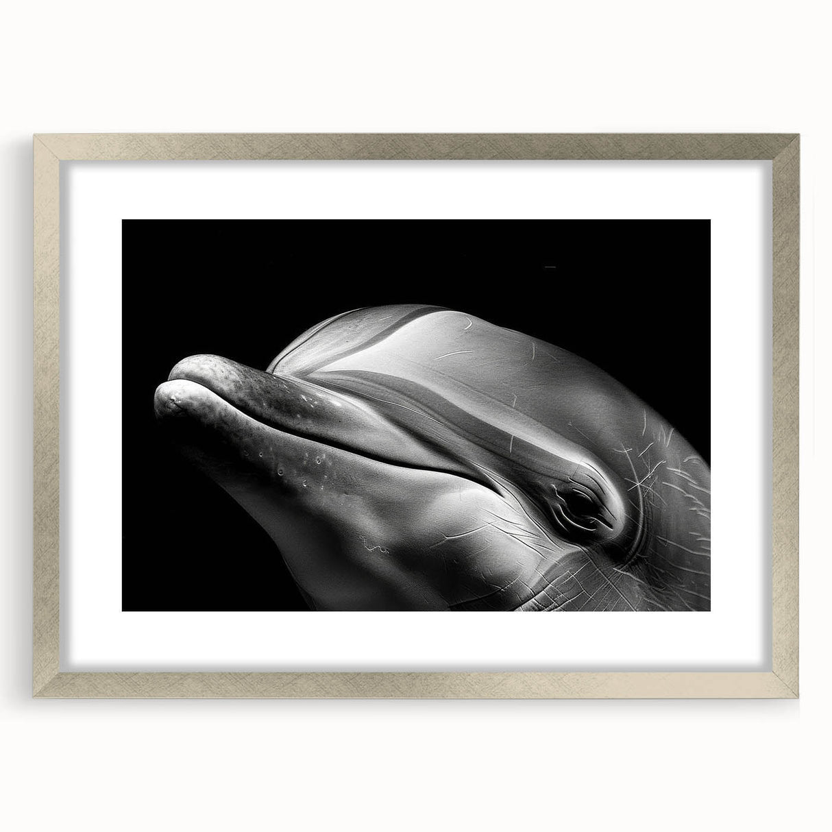 Framed wall art featuring a sleek silver design showcasing marine life with dolphins, elegantly matted for depth, perfect for coastal-themed decor.