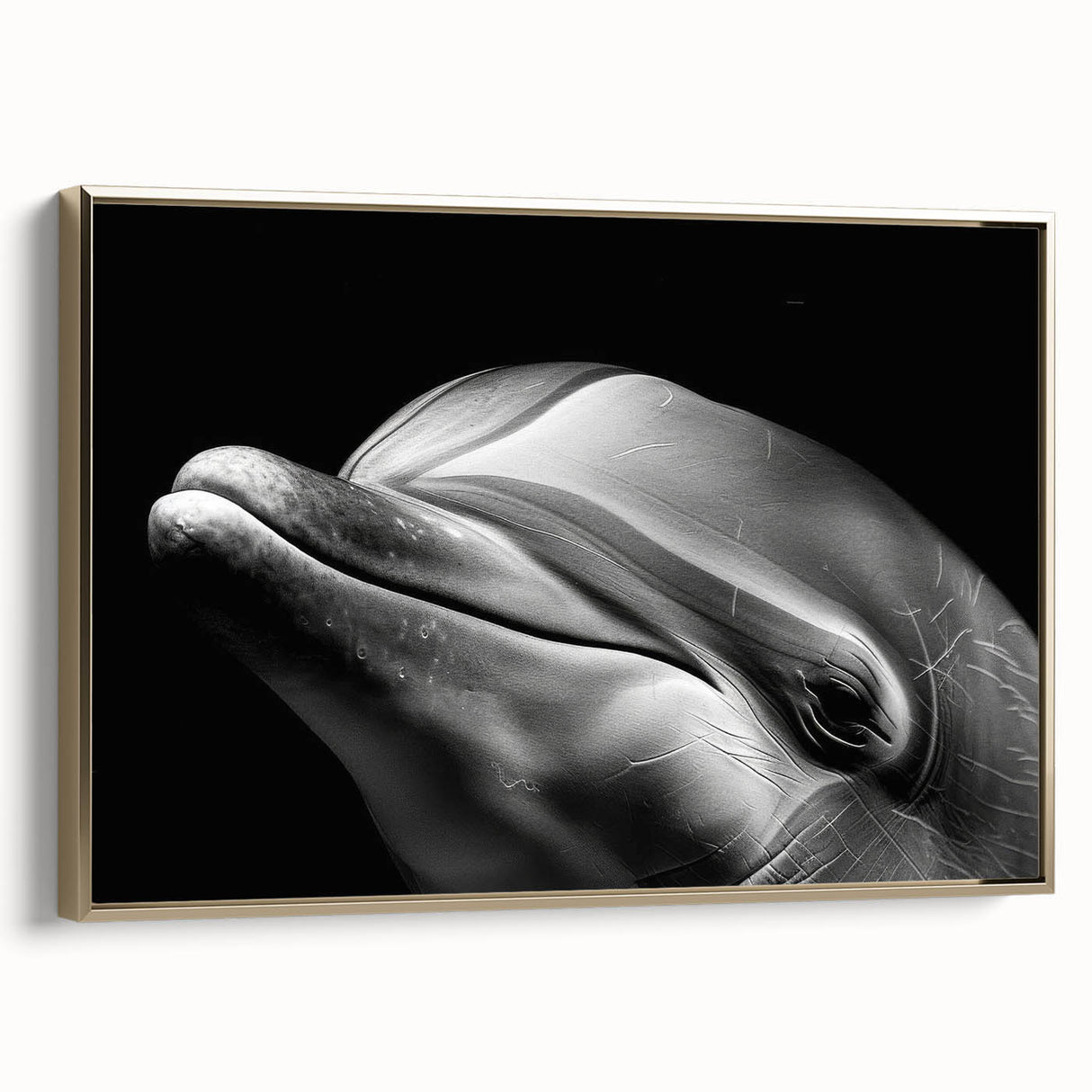 Framed canvas wall art showcasing a stunning dolphin design in a vibrant marine life theme, accented with a gold frame, perfect for ocean-inspired decor.