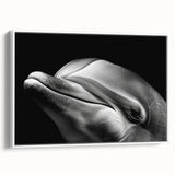 Framed canvas wall art showcasing a vibrant dolphin design in marine colors, highlighting intricate details, set against a white background, ideal for ocean-themed decor.