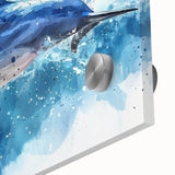 Close-up of vibrant acrylic wall art showcasing a dolphin design surrounded by marine life, featuring rich colors and intricate details ideal for ocean-themed decor.