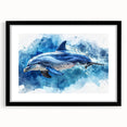 Framed wall art featuring a sleek dolphin design, set against a black background, highlighting marine life aesthetics. Perfect for ocean-themed decor or coastal living spaces.