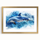 Framed wall art depicting a vibrant dolphin design, featuring a gold frame and matting, ideal for marine life enthusiasts and home decor.
