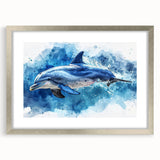 Dolphin-themed wall art print in a sleek silver frame with a white mat, showcasing vibrant marine life design, perfect for ocean-inspired decor.