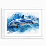 Framed wall art featuring a vibrant dolphin design from the Marine Life collection, set in a sleek white frame with a mat, perfect for ocean-themed decor.