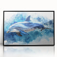 Framed wall art featuring a vibrant dolphin design in acrylic with a sleek black frame, showcasing marine life in a colorful, modern style ideal for ocean-themed decor.
