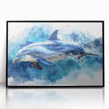 Framed wall art featuring a vibrant dolphin design in acrylic with a sleek black frame, showcasing marine life in a colorful, modern style ideal for ocean-themed decor.