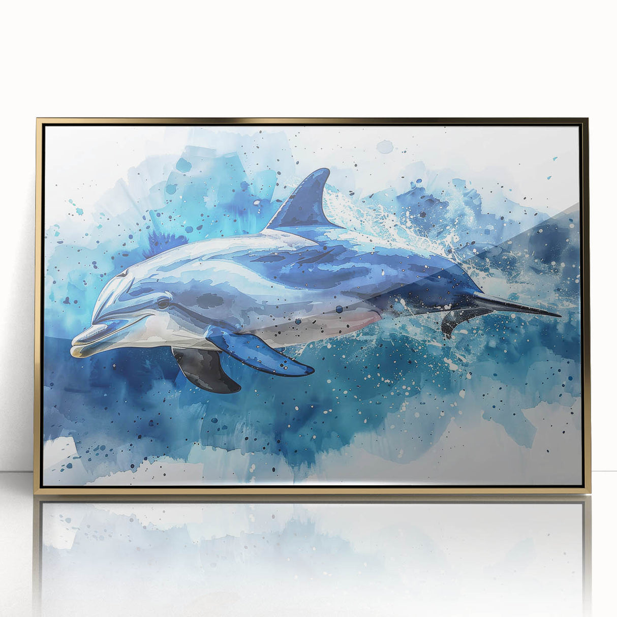 Framed wall art featuring a vibrant dolphin design in a gold-acrylic frame, showcasing marine life on a sleek, modern backdrop, perfect for ocean-themed decor.