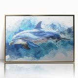 Framed wall art featuring a vibrant dolphin design in a gold-acrylic frame, showcasing marine life on a sleek, modern backdrop, perfect for ocean-themed decor.