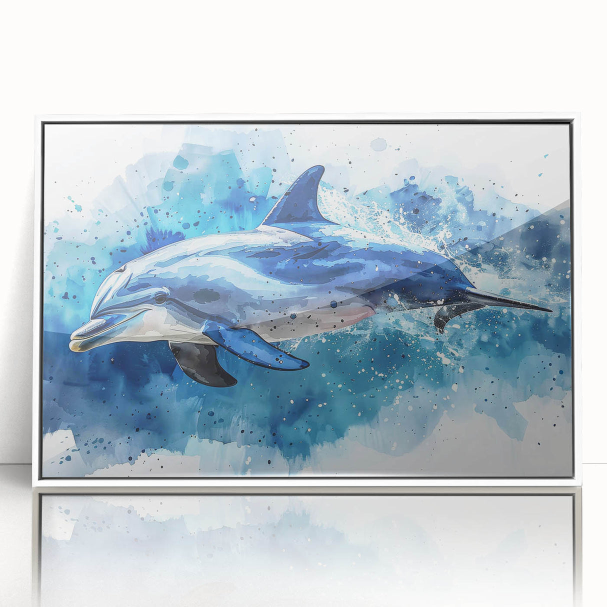 Framed acrylic wall art showcasing a vibrant dolphin design in a coastal theme, featuring a sleek white frame, perfect for marine life enthusiasts and home decor.